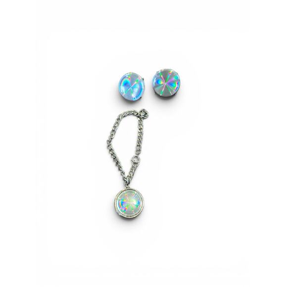 1960s space age silver - Gem Hologram Prism Disc Earrings Pendant Set Silver Tone 60s 70s Space Age Disco